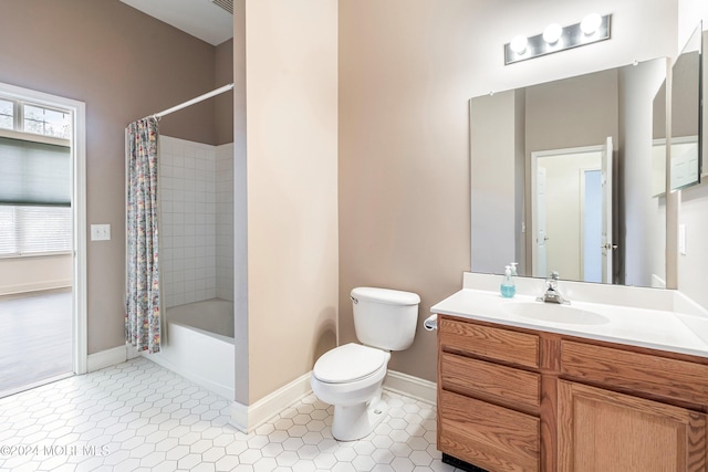 full bathroom featuring shower / bath combination with curtain, vanity, toilet, and tile patterned flooring