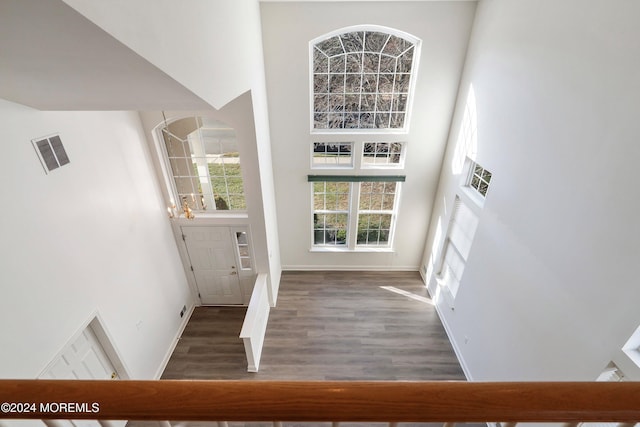 foyer entrance with dark wood-type flooring and a high ceiling