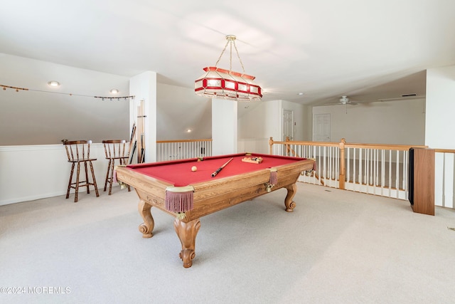 rec room with ceiling fan, pool table, and carpet