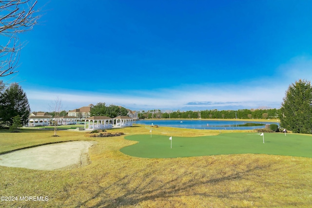 view of community featuring a water view and a yard