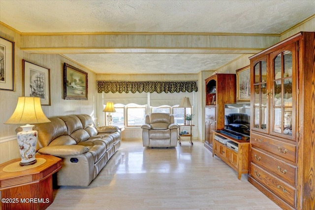 living room featuring ornamental molding, a textured ceiling, and light hardwood / wood-style flooring