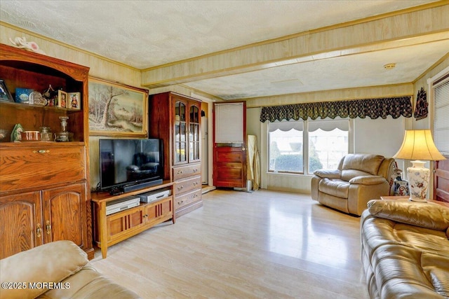 living room with crown molding, a textured ceiling, and light wood-type flooring