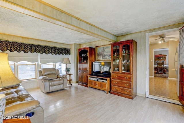 living room featuring ornamental molding, wood-type flooring, and a textured ceiling