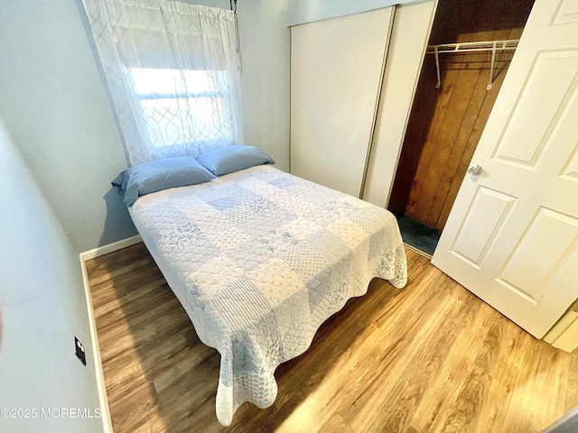 bedroom with wood-type flooring and a closet