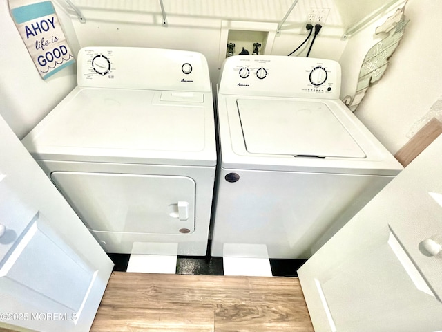 laundry area with wood-type flooring and independent washer and dryer