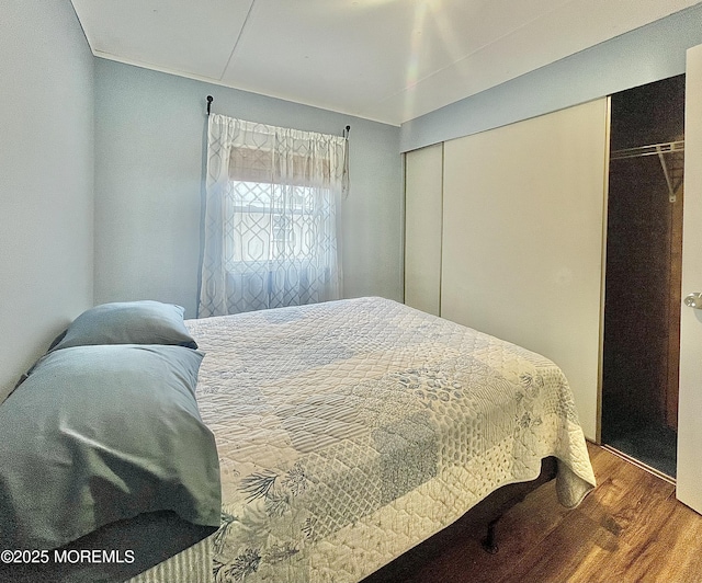 bedroom with hardwood / wood-style floors and a closet