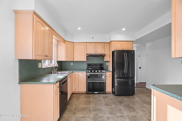 kitchen featuring sink, light brown cabinets, and black appliances