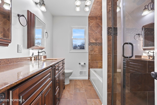 full bathroom featuring tile patterned floors, vanity, toilet, and shower with separate bathtub