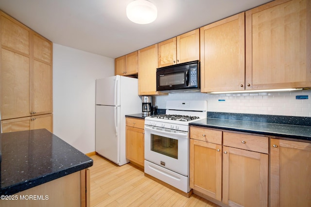 kitchen with tasteful backsplash, light brown cabinetry, white appliances, and light hardwood / wood-style flooring