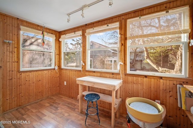 sunroom / solarium featuring rail lighting and a healthy amount of sunlight