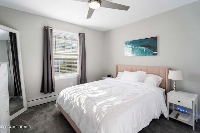 carpeted bedroom with a baseboard heating unit and ceiling fan