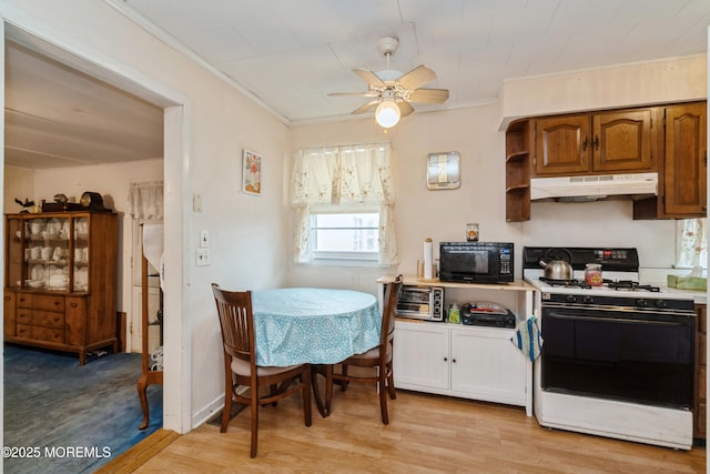 kitchen with crown molding, light hardwood / wood-style flooring, range with gas stovetop, and ceiling fan