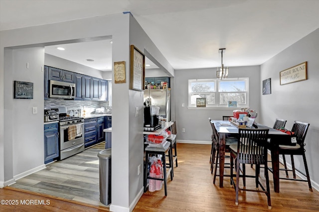 dining room with light wood-type flooring and baseboards