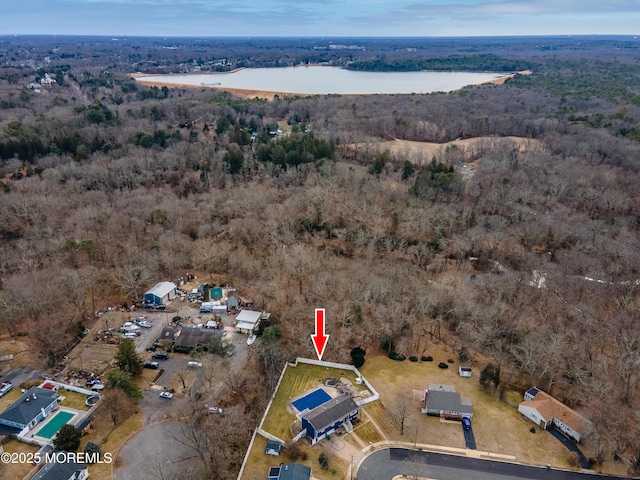 birds eye view of property with a water view and a forest view