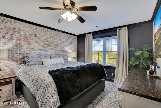 bedroom with crown molding, brick wall, and ceiling fan