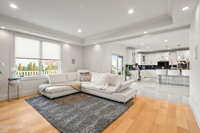 living room with light hardwood / wood-style flooring, a tray ceiling, and plenty of natural light