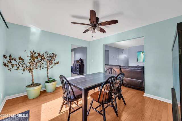 dining room with ceiling fan and light wood-type flooring