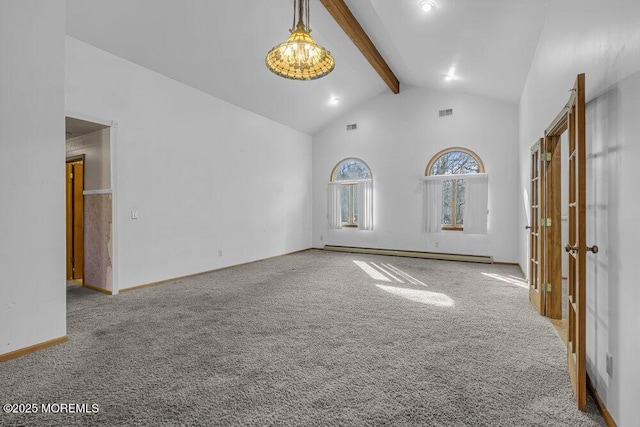 carpeted empty room with a baseboard heating unit, high vaulted ceiling, and beamed ceiling