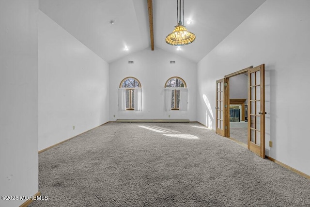 empty room featuring french doors, high vaulted ceiling, carpet floors, and beamed ceiling