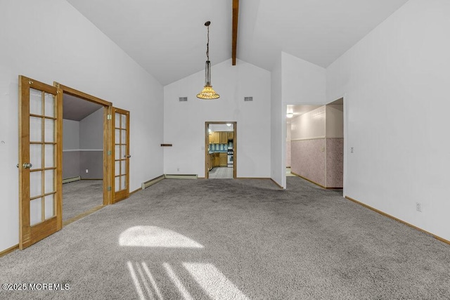 unfurnished living room with french doors, high vaulted ceiling, a baseboard radiator, carpet floors, and beamed ceiling