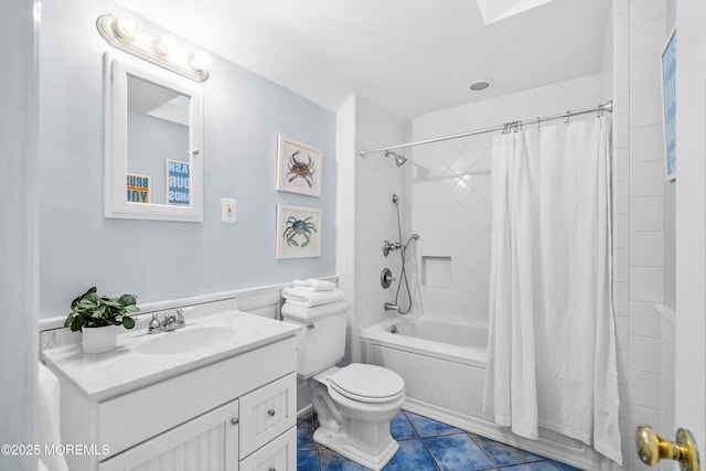 full bathroom with vanity, toilet, tile patterned flooring, and shower / bath combo with shower curtain