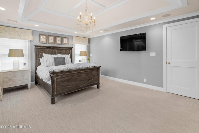 carpeted bedroom with ornamental molding, coffered ceiling, and a chandelier