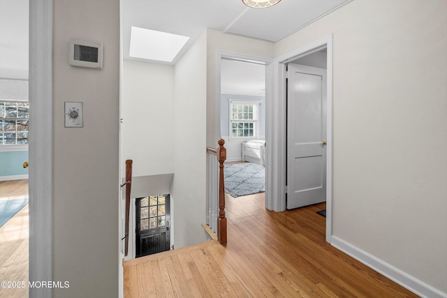 hallway featuring wood-type flooring and a skylight