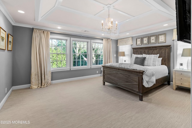 carpeted bedroom with crown molding, coffered ceiling, and a chandelier