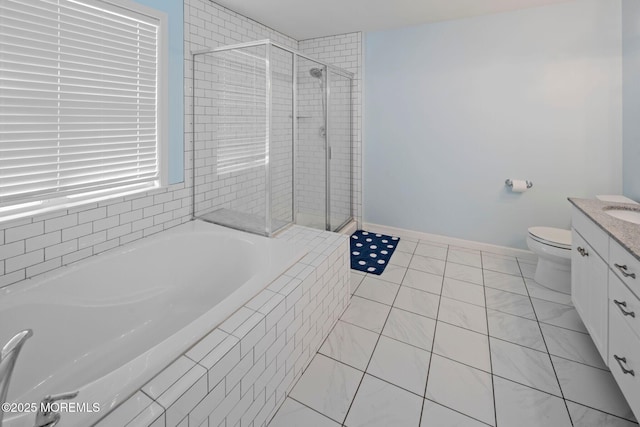 full bathroom featuring vanity, tile patterned flooring, independent shower and bath, and toilet