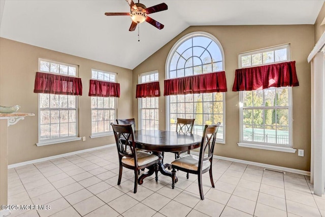 dining area featuring light tile patterned floors, high vaulted ceiling, and ceiling fan