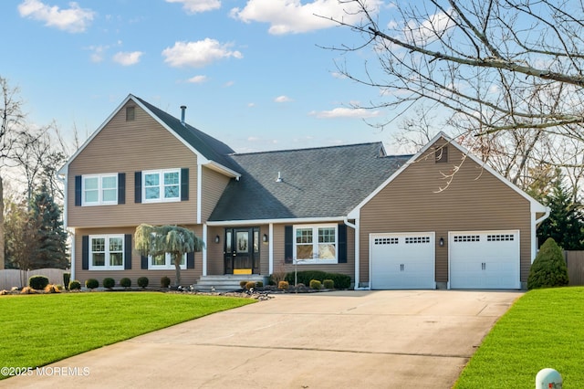 view of front of property featuring a garage and a front yard