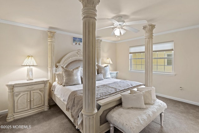 bedroom with ceiling fan, baseboards, ornamental molding, dark carpet, and ornate columns