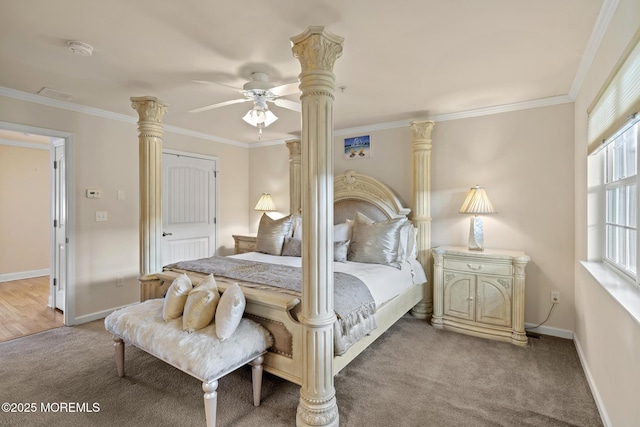 bedroom with light carpet, ceiling fan, ornamental molding, and baseboards