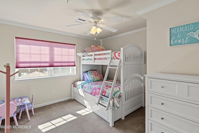 bedroom with crown molding, light colored carpet, visible vents, ceiling fan, and baseboards