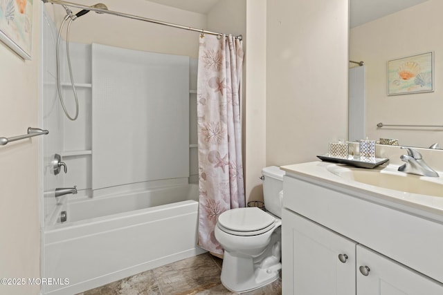 full bath with toilet, shower / bathtub combination with curtain, and vanity