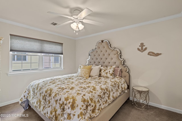 bedroom with carpet floors, ornamental molding, visible vents, and baseboards