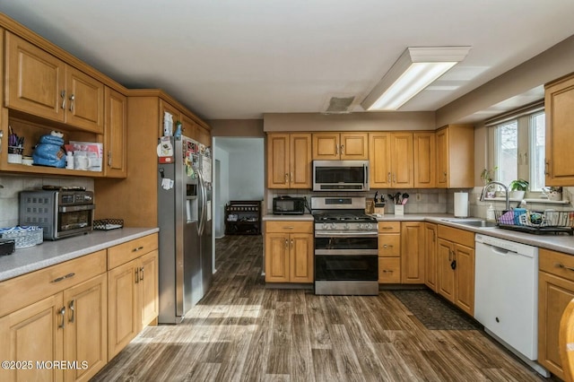 kitchen with appliances with stainless steel finishes, sink, backsplash, and dark hardwood / wood-style floors