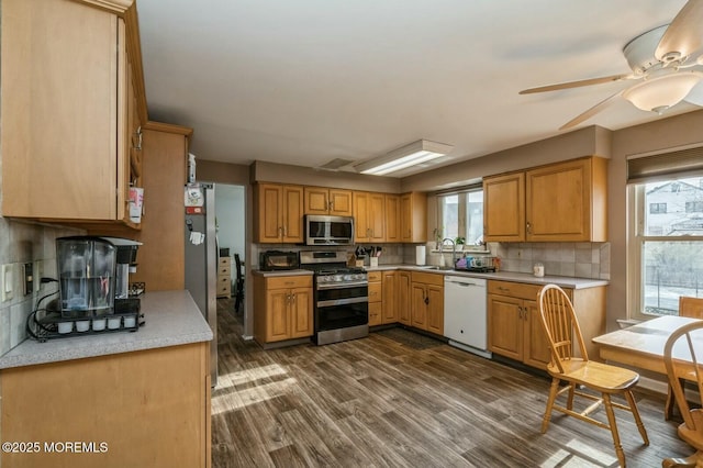 kitchen with sink, backsplash, ceiling fan, stainless steel appliances, and dark wood-type flooring