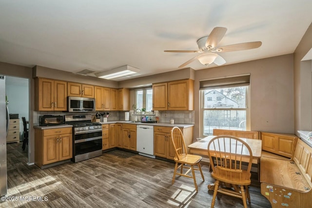 kitchen featuring sink, dark hardwood / wood-style flooring, decorative backsplash, ceiling fan, and stainless steel appliances