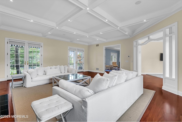 living room featuring beamed ceiling, coffered ceiling, dark hardwood / wood-style flooring, and french doors