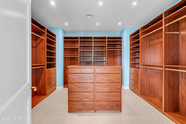 spacious closet featuring light carpet