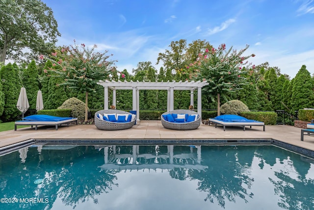 view of pool featuring an outdoor living space, a pergola, and a patio area