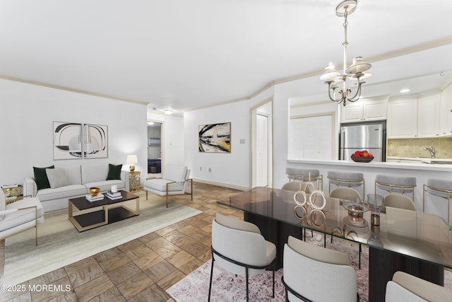 dining space featuring an inviting chandelier, dark parquet floors, and ornamental molding