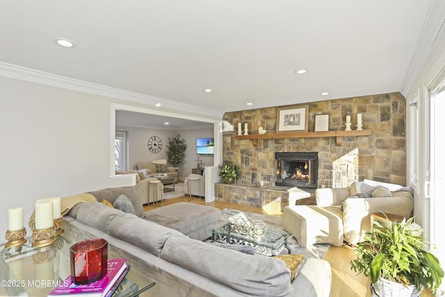 living room featuring ornamental molding and a fireplace