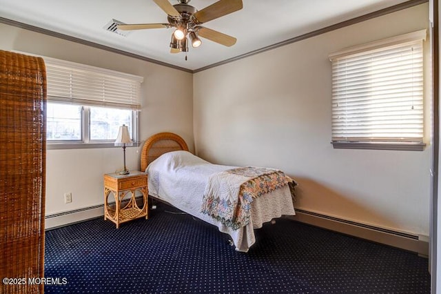 bedroom with carpet floors, a baseboard radiator, and ornamental molding