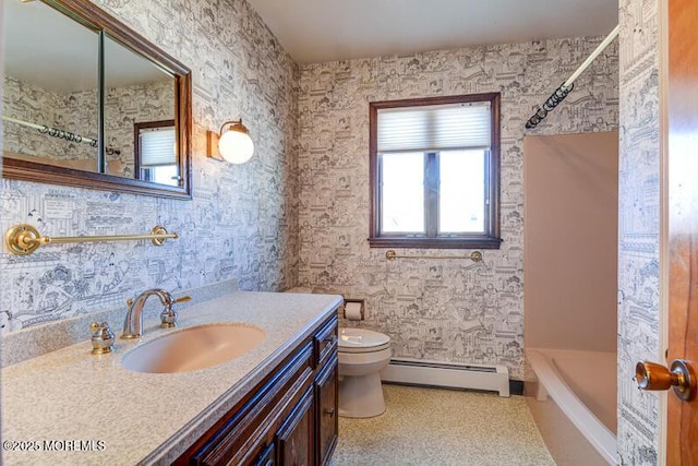 full bathroom featuring bathtub / shower combination, vanity, toilet, and a baseboard heating unit