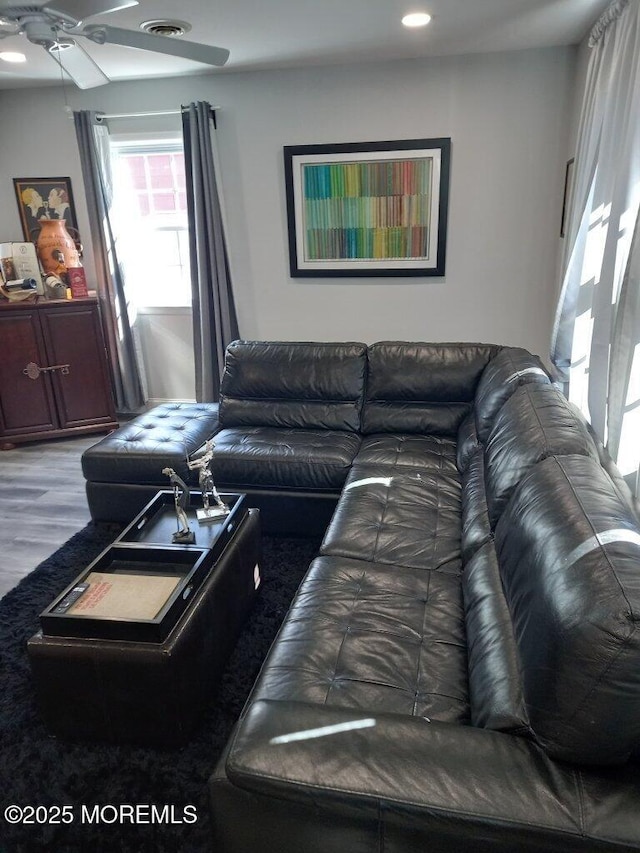 living room with hardwood / wood-style floors and ceiling fan