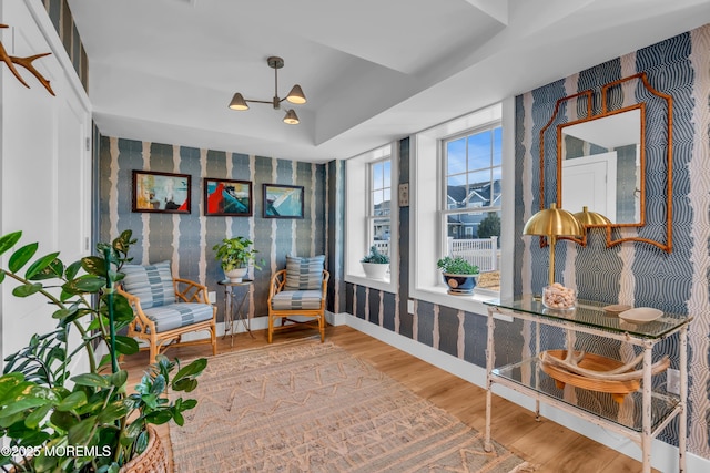 living area featuring a raised ceiling and wood-type flooring