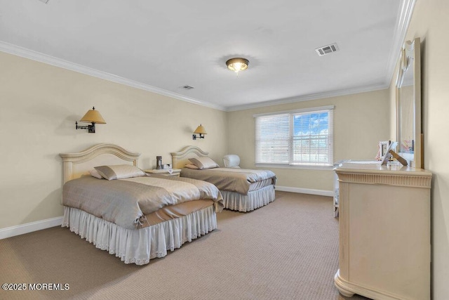 bedroom featuring light colored carpet and ornamental molding