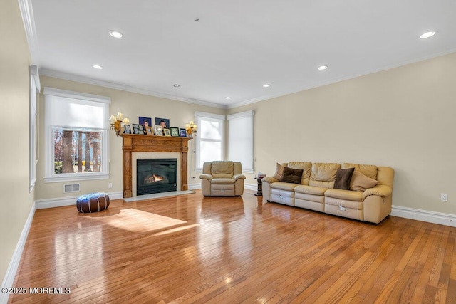 living room with light hardwood / wood-style flooring, ornamental molding, and a healthy amount of sunlight